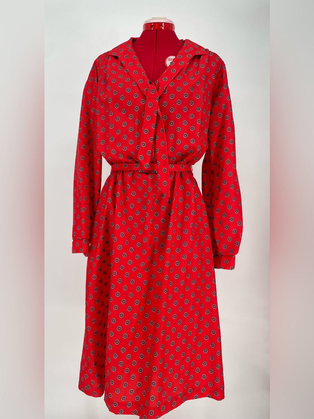 60s 70s Red Printed Long Sleeve Tie Neck Belted Secretary Dress By Lady Blair